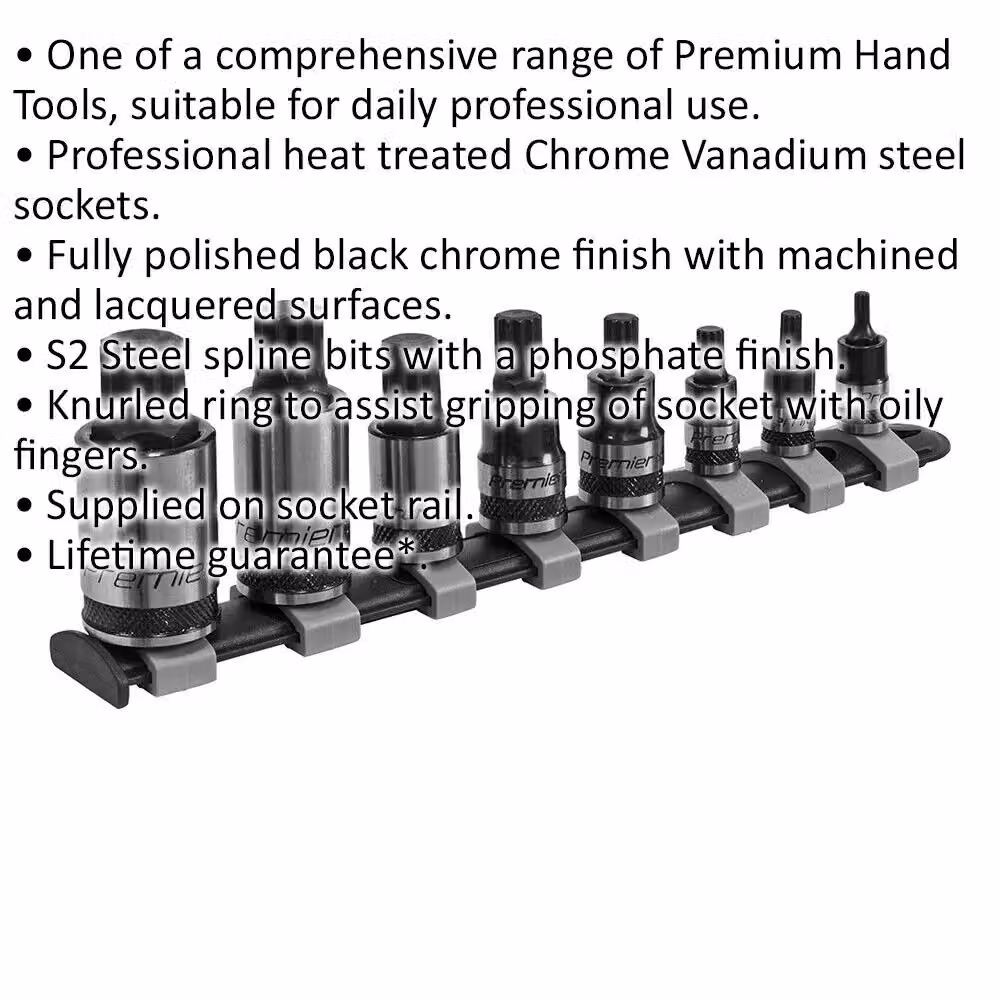 Loops 8pc Premium Spline Socket Bit Set in Chrome Vanadium Steel with 1/4 inch, 3/8 inch and 1/2 inch Square Drives, M4 to M16 – 2