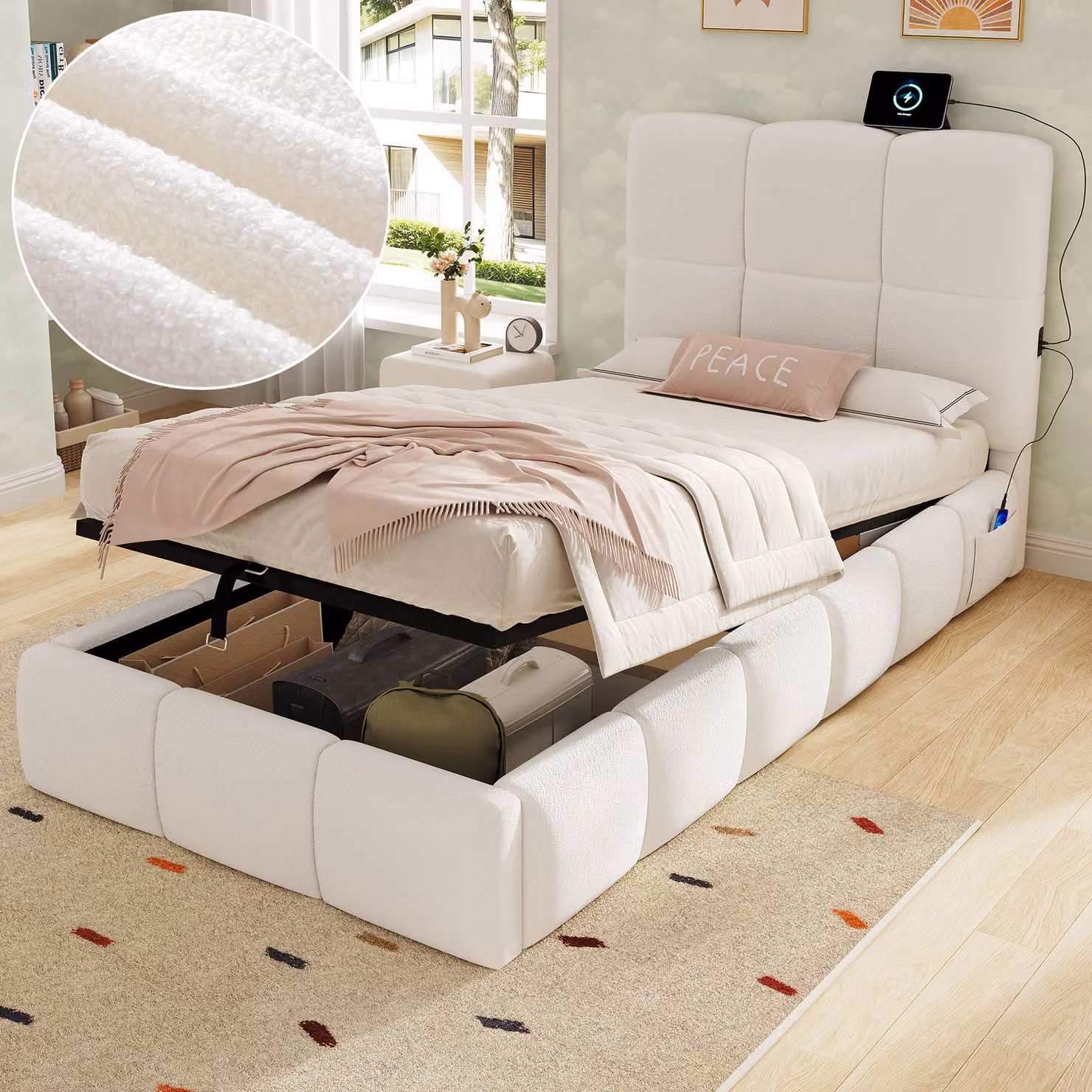 AKA Single Upholstered Hydraulic Bed with Headboard, USB Charging Port and Large Storage Space in Cream Boucle Fabric, W/D/H: 90 x 200 cm