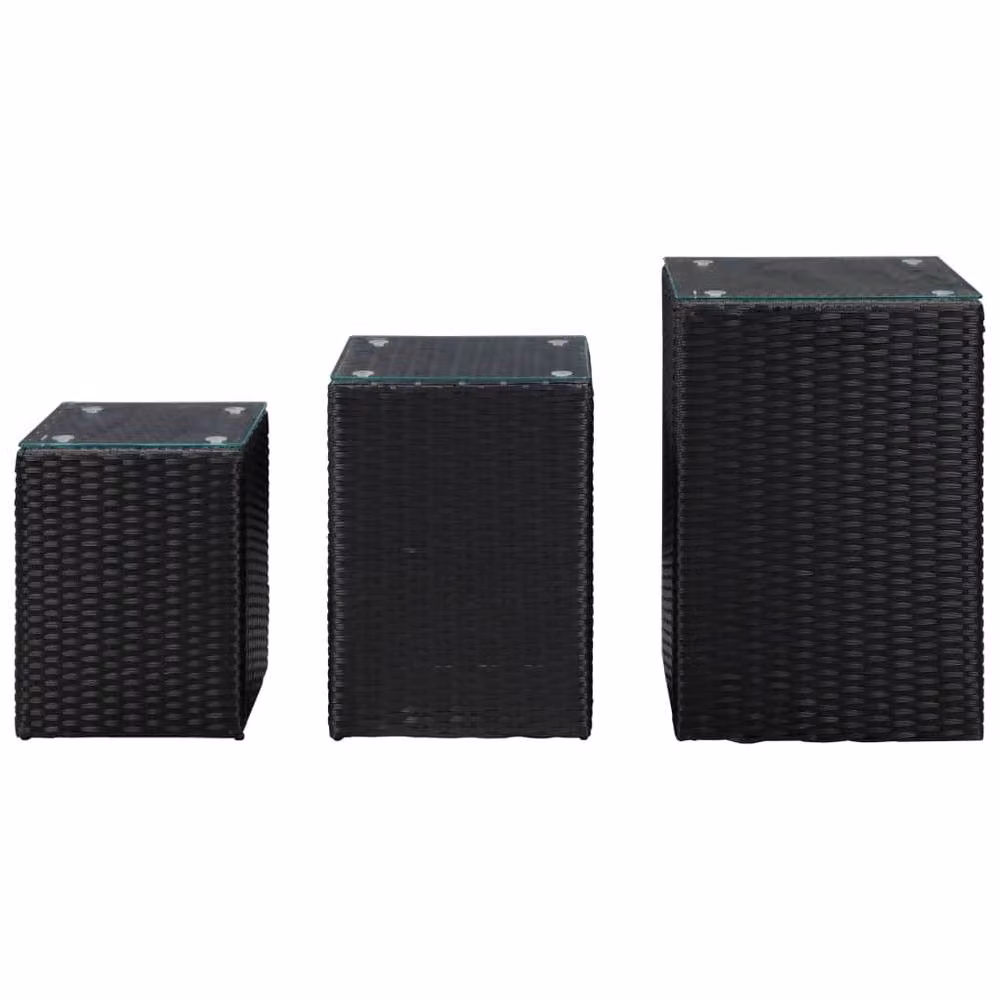 Berkfield Home Set of 3 Modern Black Poly Rattan Side Tables with Glass Tops – 2
