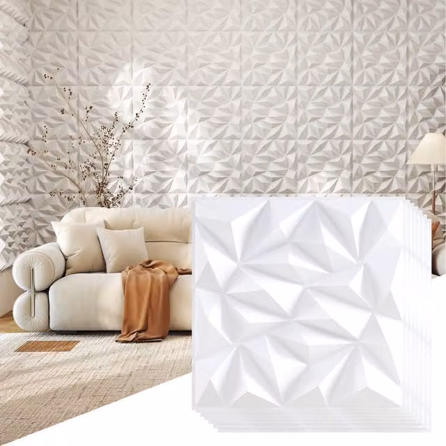 COSTWAY 20-Pack White Geometric 3D Wall Panels, Self-Adhesive PVC Abstract Structured Tiles