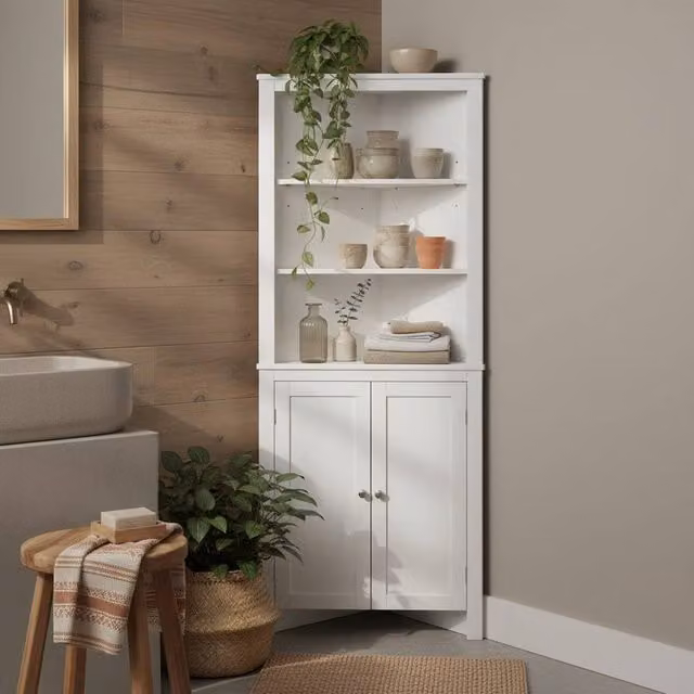 Wyld Haus Dotre Corner Bathroom Storage Cabinet in White with 3 Shelves, H 162.0 x W 59.5 x D 31.5 cm – 1
