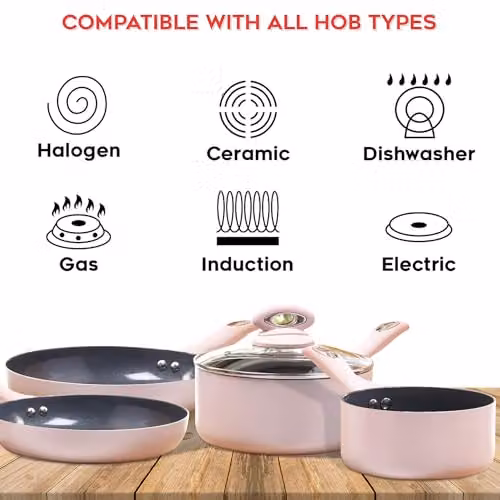 Cermalon 5-Piece Pink Ceramic Cookware Set with Grey Non-Stick Coating including Frying Pans and Saucepans – 3