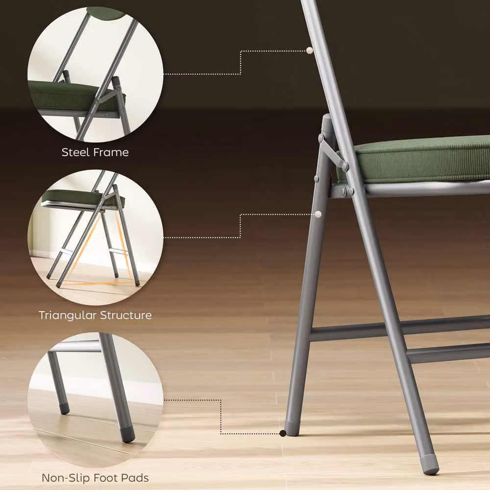 STILVORA Set of Four Green Corduroy Upholstered Folding Chairs with Metal Frame – 6