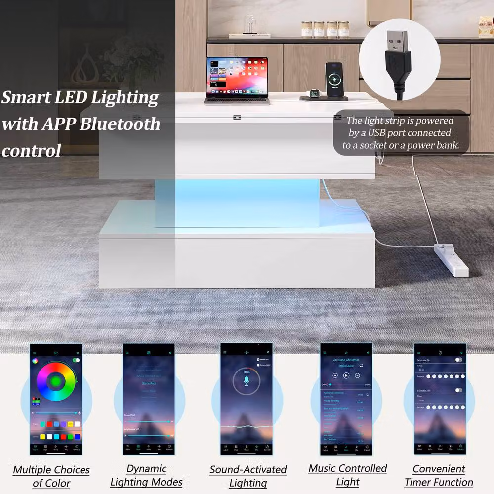 Merax White Glossy Lift Top LED Coffee Table with Power Outlet – 3