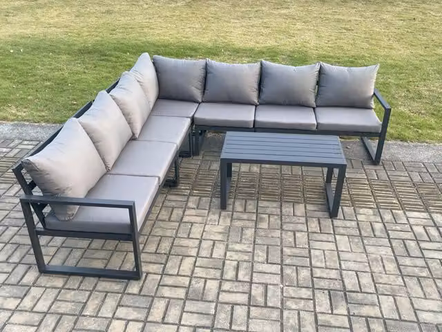 Fimous Modern L-Shape Aluminium Garden Lounge Corner Sofa Set with Oblong Coffee Table in Dark Grey