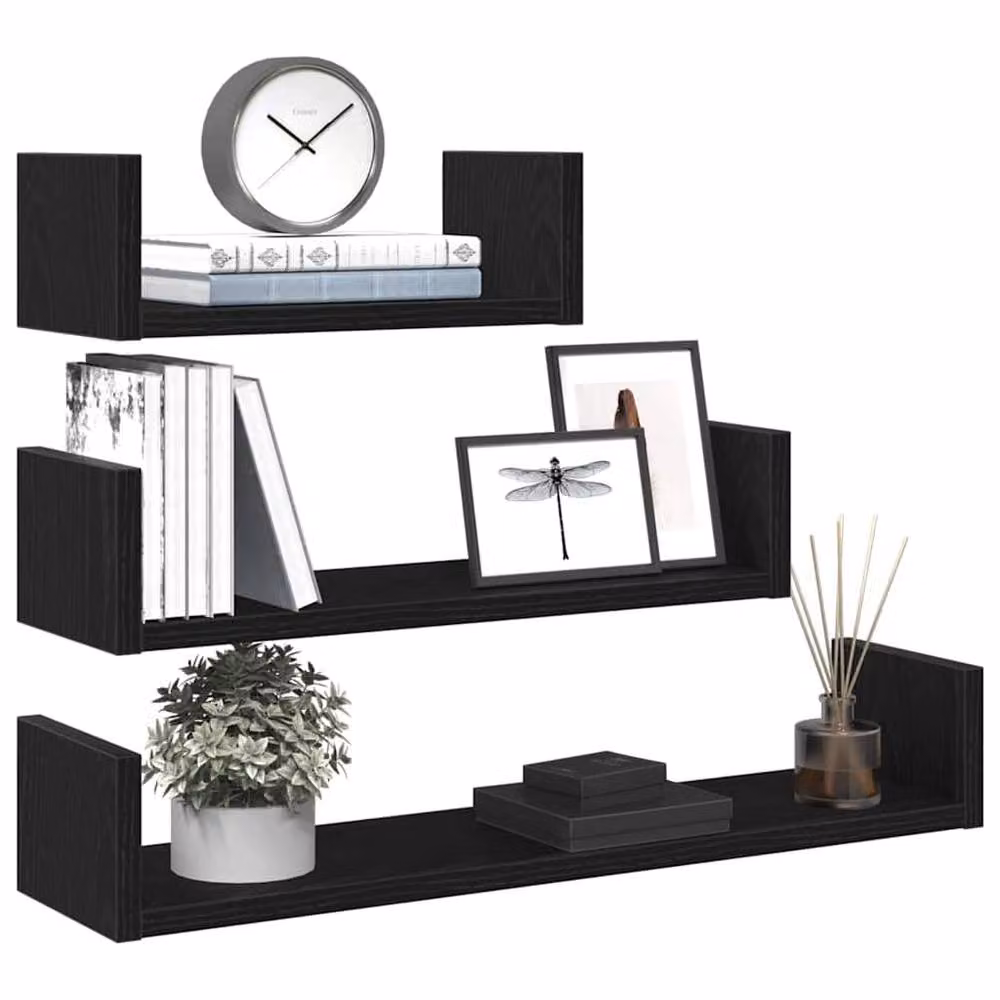 Berkfield Home Set of 3 Black Oak Decorative Wall Mounted Shelves in MDF – 3
