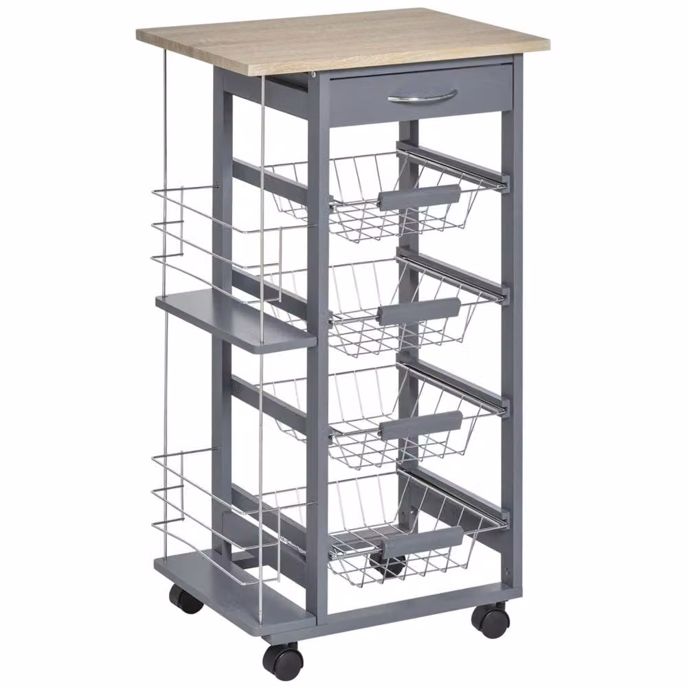 Wyld Haus Nerake Grey Rolling Kitchen Cart with 4 Metal Basket Drawers and Side Racks, H 83 cm x W 47 cm x D 37 cm – 2