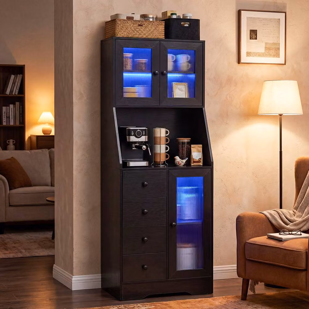 Gymax Black Freestanding Kitchen Pantry and Coffee Bar Cabinet with Integrated LED Lights – 2