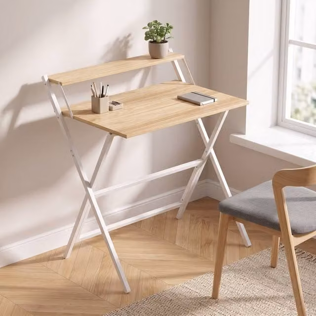 STILVORA Folding Computer Desk with Monitor Shelf in White and Natural Wood – 1