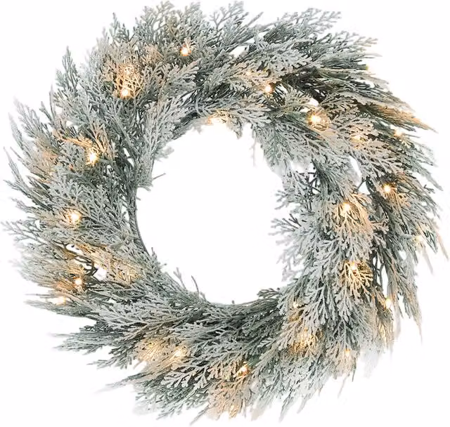 HOMCOM Flocked Prelit Christmas Wreath in Green and Silver, Diameter: 60 cm – 1