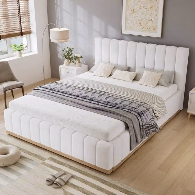 Rolipo Beige Double Upholstered Bed Frame with Soft PU Headboard, W/D/H: 135 x 190 cm – 1