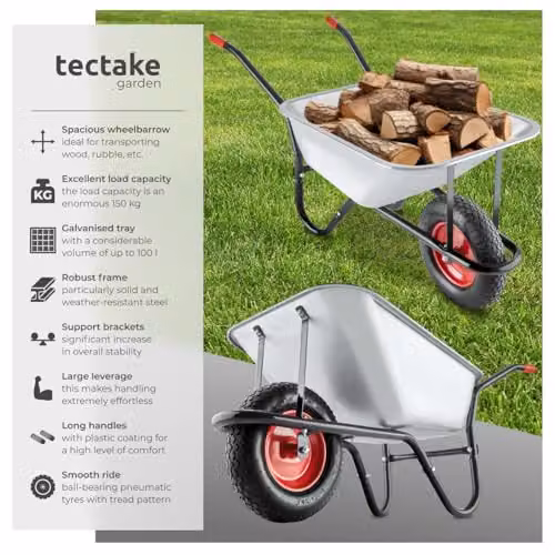 tectake Garden Wheelbarrow in Silver with Galvanised Steel Tub, 100L Volume and 250kg Load Capacity – 2