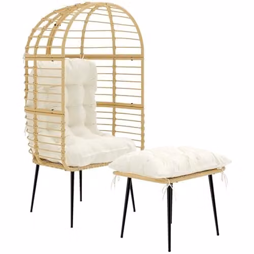 Outsunny Standing Egg Lounge Chair with Footstool and Cushions, Beige Polyrattan – 1
