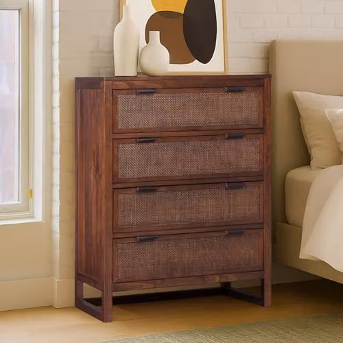 Teamson Home Hatteras Bedroom Dresser Chest of Drawers in Brown Walnut with Rattan Details, W/D/H: 76 x 37.3 x 45.72 cm – 2