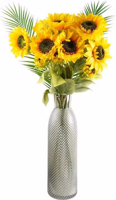Yellow Artificial Sunflower Arrangement in a Square Glass Vase with Grey Leaves, H: 50.0 cm, W: 16.0 cm, D: 16.0 cm