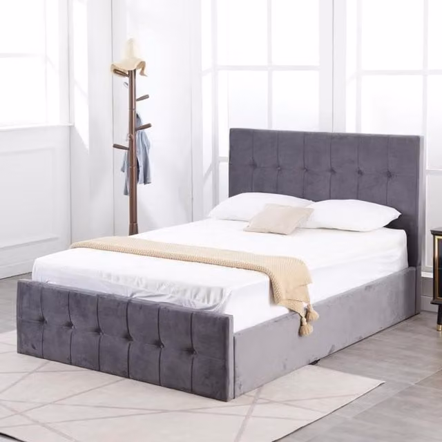 Kosy Koala Milano Grey Velvet Ottoman Storage Bed Frame with Gas Side Lift and Cushioned High Headboard, Small Double, W/D/H: 120 x 200 x 133 cm – 1