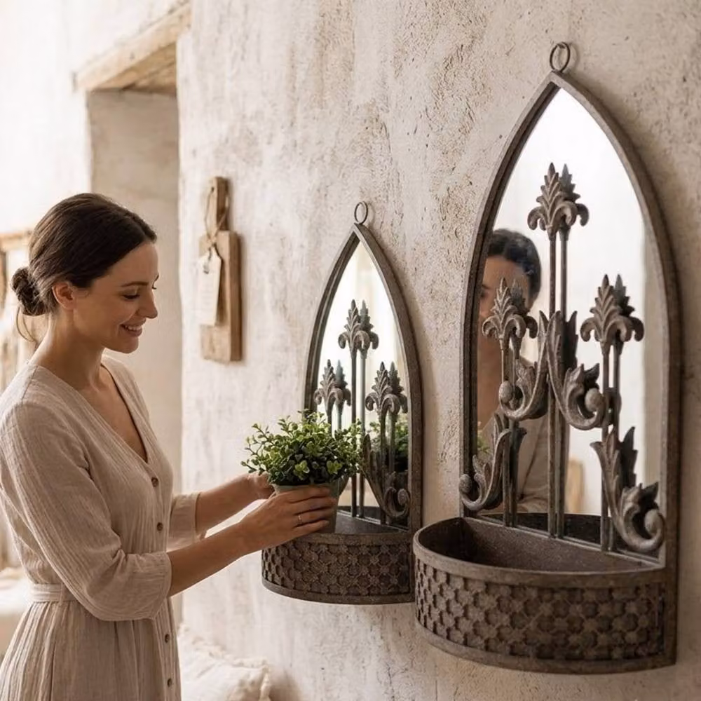 Minster Stylish Living Ltd Set of 2 Grey Metal Wall Mounted Planters with Mirror, W: 45 cm, H: 62 cm, D: 15 cm – 4