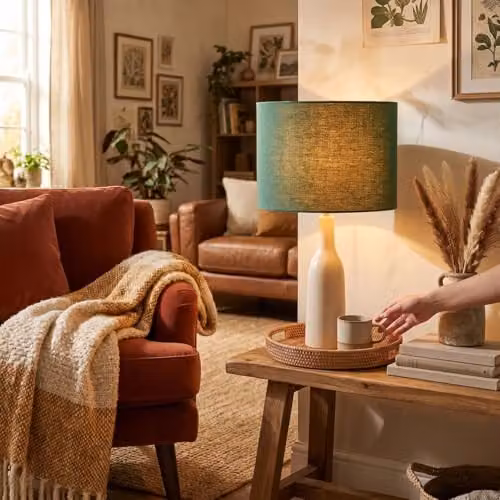 Happy Homewares Green Textured Linen Fabric Circular Lamp Shade W/D/H: 30 x 30 x 20 cm – 3
