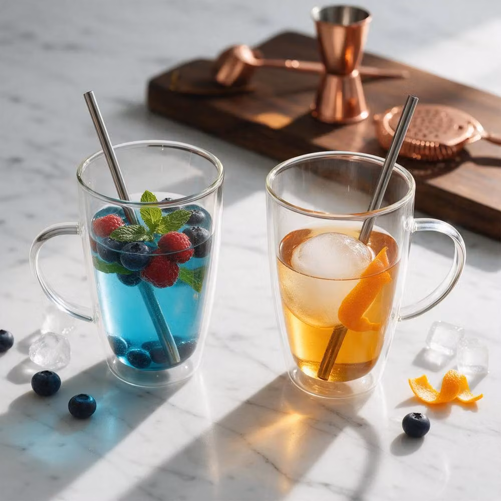Crystals Double Wall Insulated Glass Coffee Mug with Handle, 350ml, Clear – 6