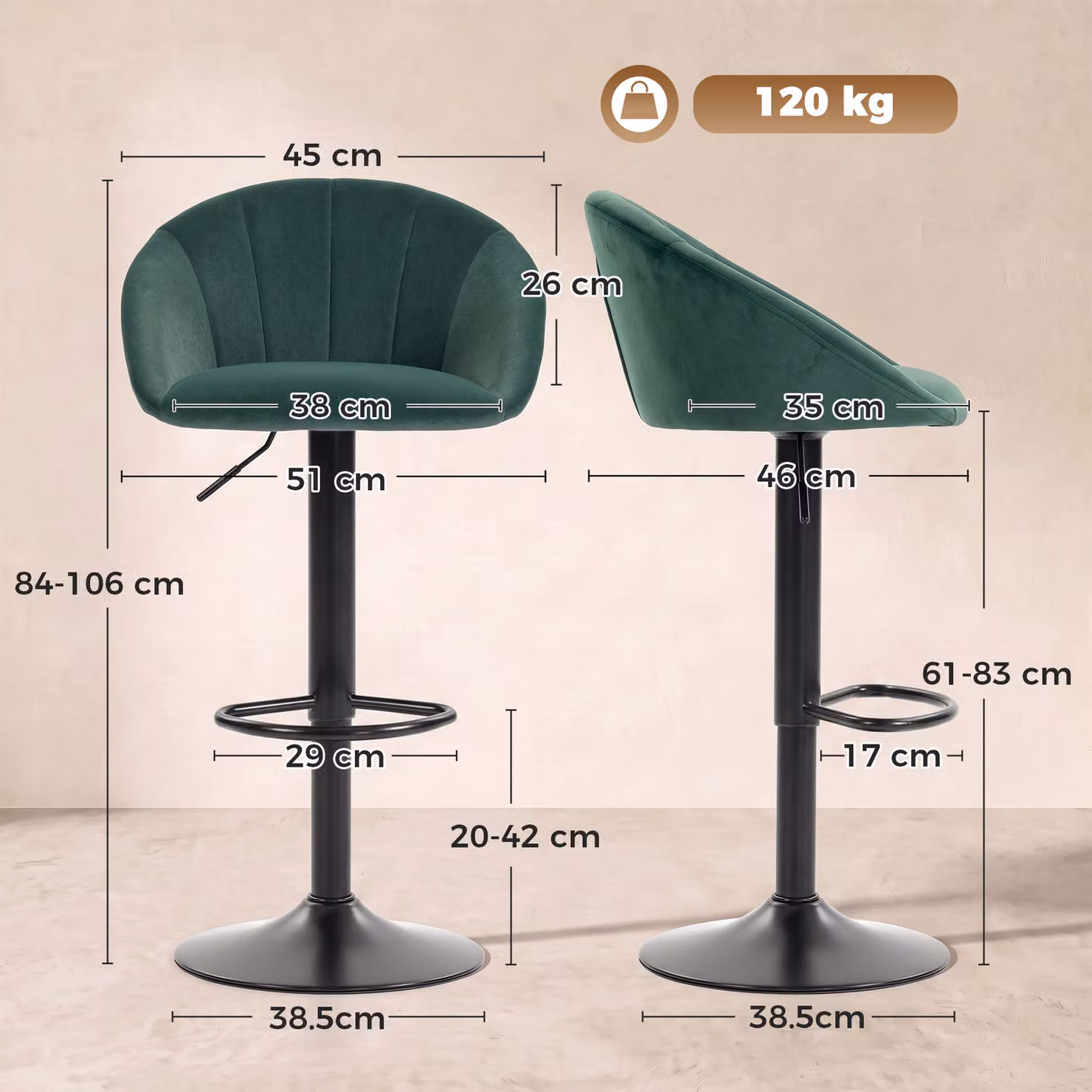 HOMCOM Set of 2 Adjustable Swivel Velvet Bar Stools with Backrest, Dark Green – 3