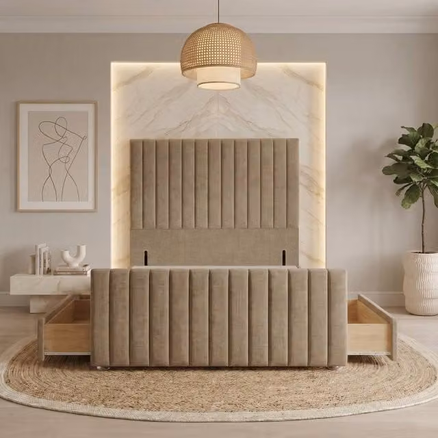 Somnior Eleanor Linen Divan Base with 4 Drawers, Headboard and Footboard, Brown, W/D/H: 140 x 200 cm