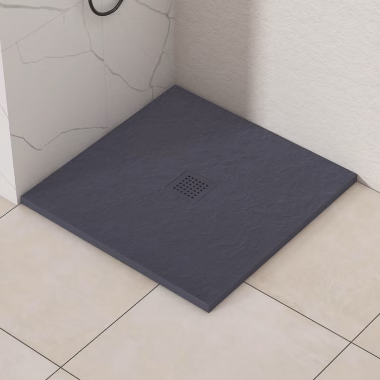Luxor Square Grey Slate Effect Mineral Cast Stone Shower Tray with Grey Grate and Anti-Slip Surface