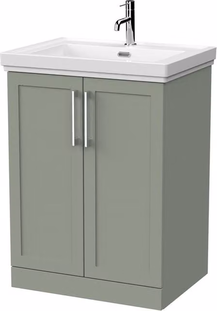 Balterley Stonnall 2 Door Freestanding Vanity Unit and 1TH Fireclay Basin, Reed Green, Width: 60 cm