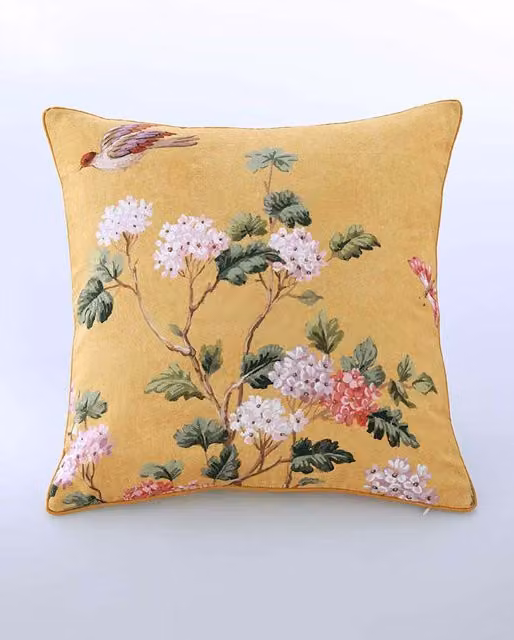 MM Linen Yuki Square Floral Cushion in Yellow Cotton and Linen Mix