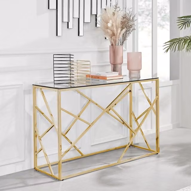 FurnitureboxUK Amalfi Gold Chrome Console Table with Glass Top in Gold