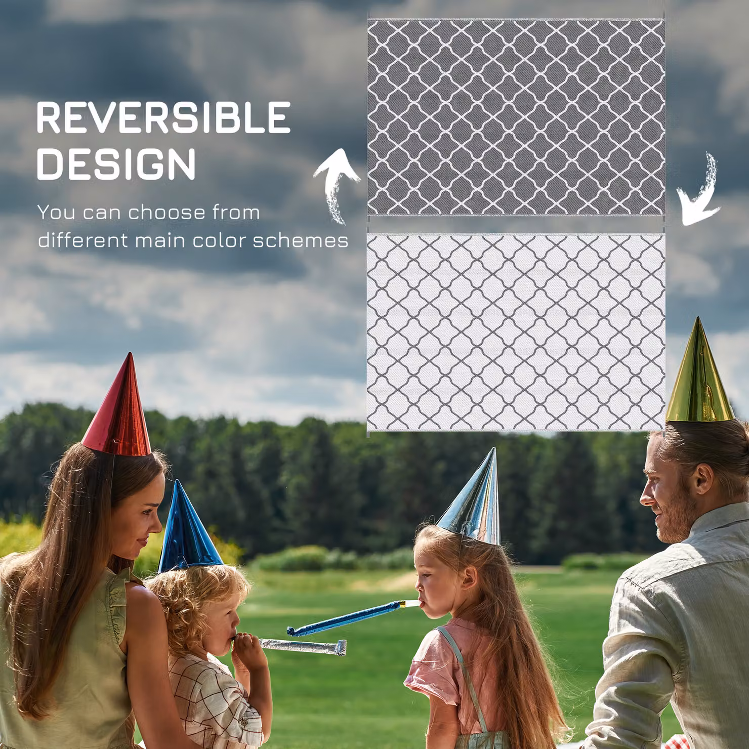 Outsunny Reversible Waterproof Outdoor Rug in Grey and White with Carry Bag and Ground Stakes – 7