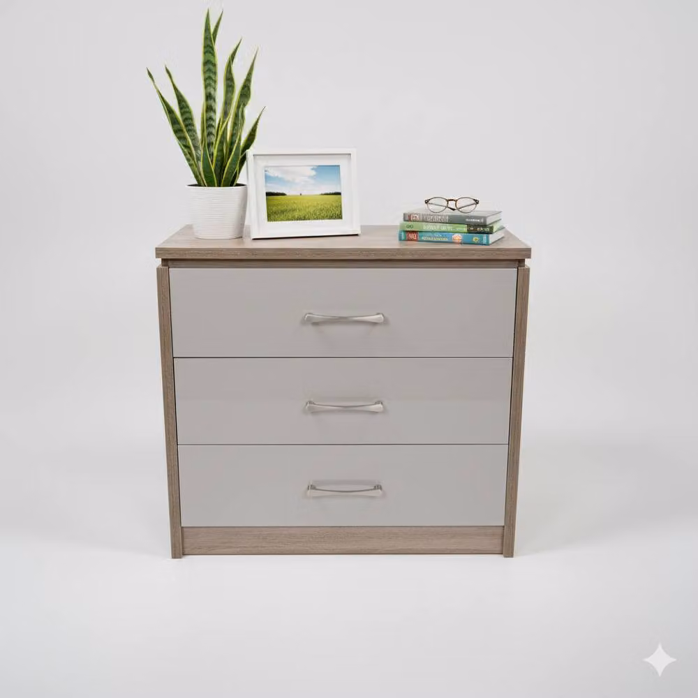 Harmin 3 Drawer Chest with Dark Oak Frame and High Gloss Grey Fronts – 2