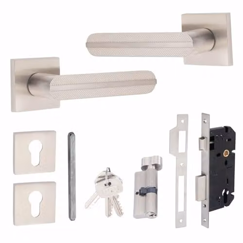 Golden Grace Modern Lima Euro Lock Door Handles and Euro Thumbturn Lock Set in Silver