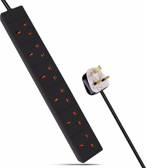 ExtraStar 6 Gang Extension Lead, Black, 2m