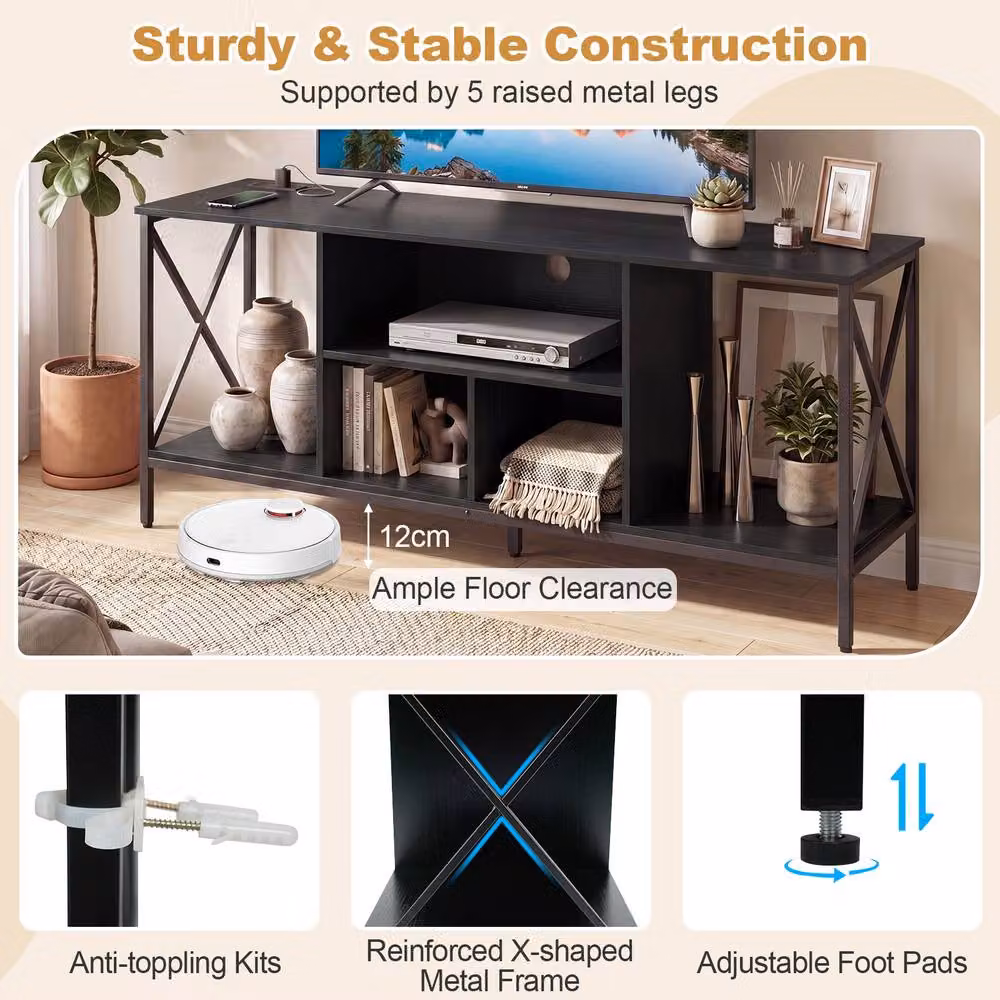 Gymax Modern Black TV Stand with Integrated LED Lighting and Power Outlets – 7