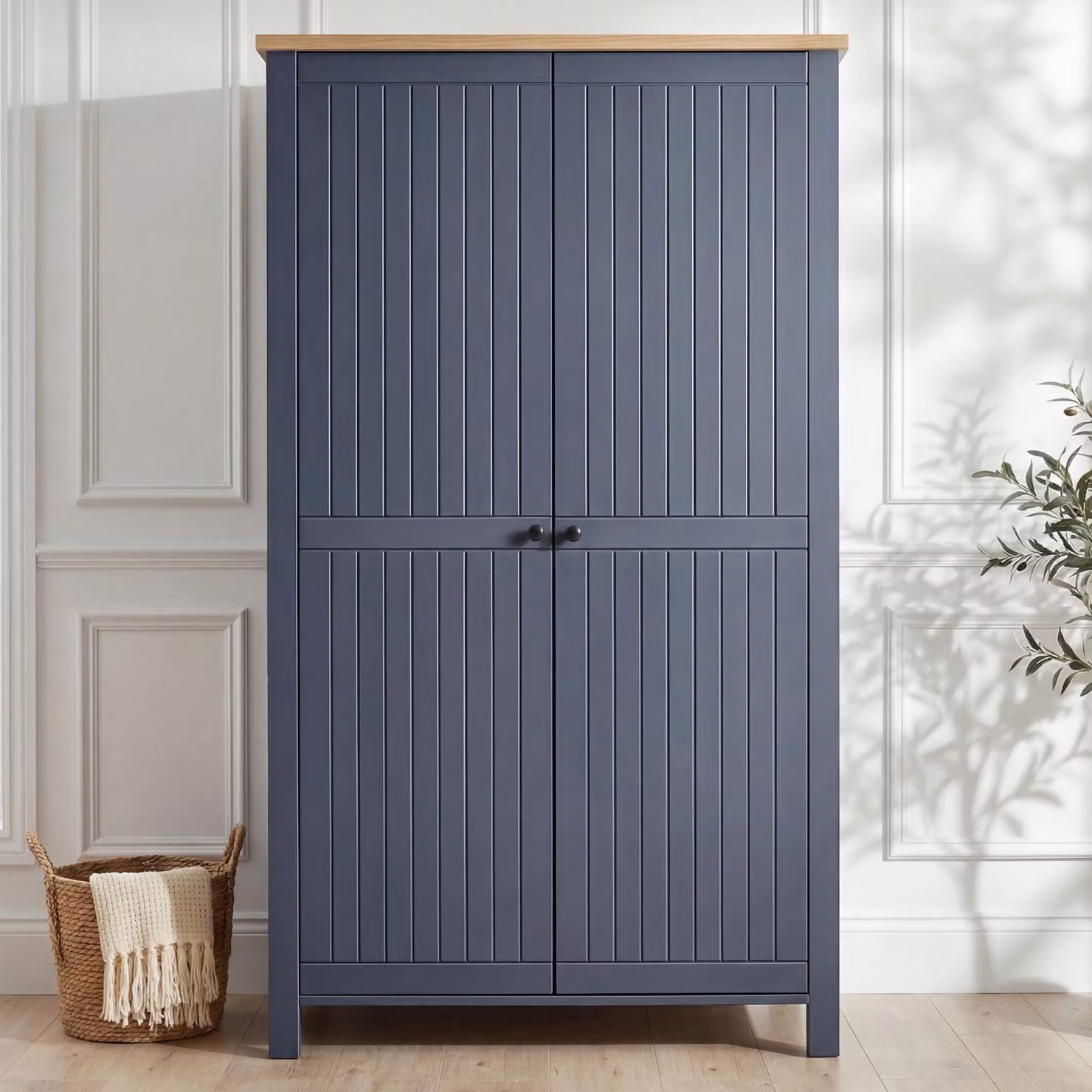 DHS Mid-Century Oak Blue and Black 2 Door Double Wardrobe with Soft Close Doors, Internal Shelves and Hanging Rod, W/D/H: 97.5 x 55.5 x 186 cm