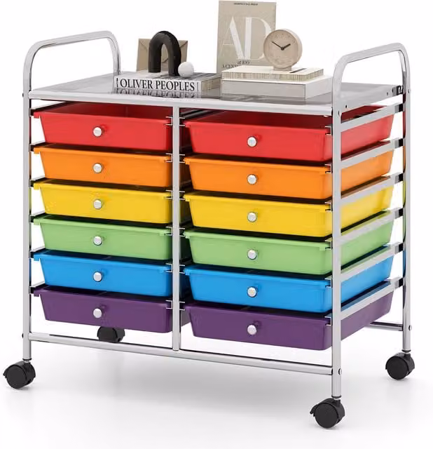 Costway Multi-Purpose Utility Storage Rolling Cart with 12 Drawers and Castors, Multicolour