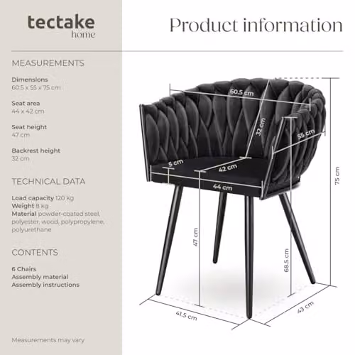 tectake Set of 6 Astano Dining Chairs in Black Velvet with Metal Legs and Knot Design – 3