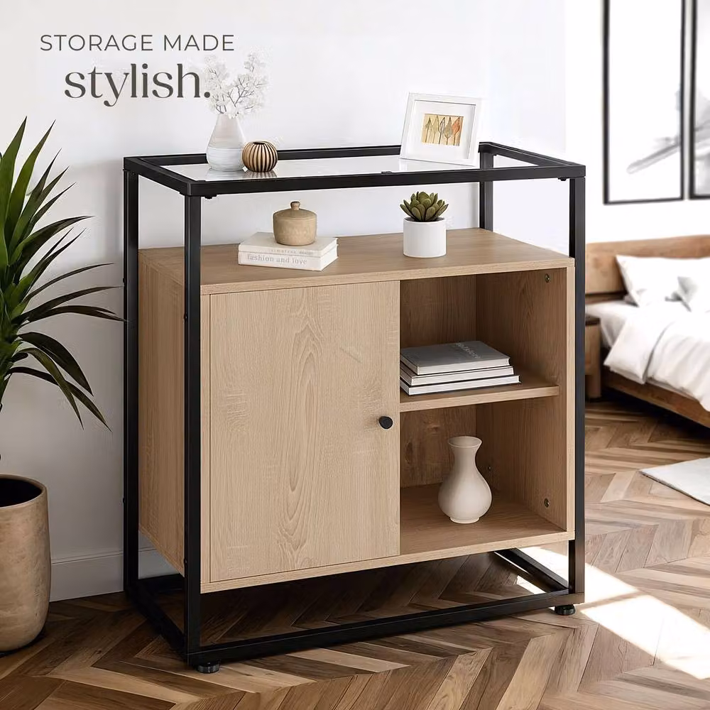 tectake Coventry Sideboard in Light Oak with Glass Tabletop and Open Shelves – 7