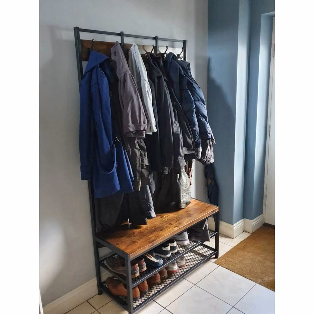 Kelvenix Rustic Hall Tree with Bench and Coat Rack in Brown, H 184 x W 40 x D 40 cm – 3