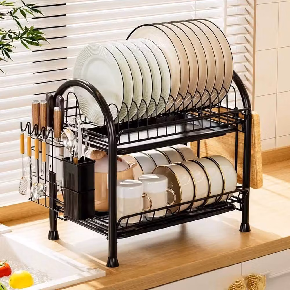 SPETLEK 2 Tier Dish Drainer Rack with Drip Tray and Cutlery Holder in Black – 3