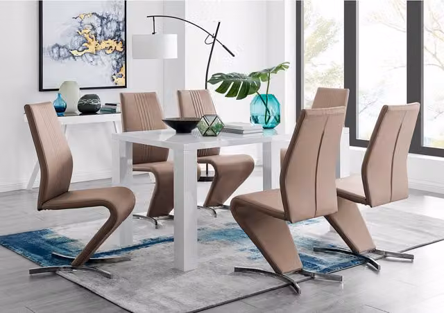 FurnitureboxUK Pivero White High Gloss Rectangular Dining Table and 6 Willow Chairs in Cappuccino
