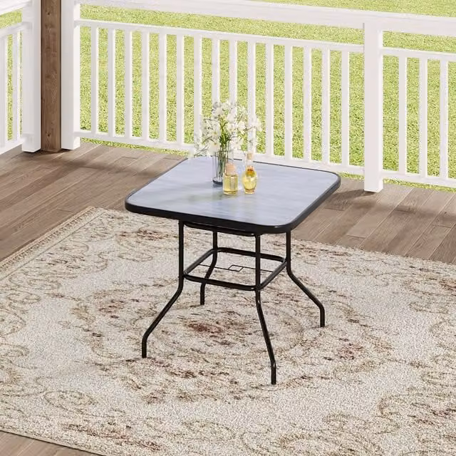 Komore Modern Black Square Garden Table with Tempered Glass and Wood Grain Effect