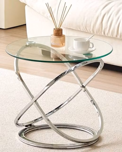 Comfy Living Ltd Round Abstract Tempered Glass Side Table with Silver Chrome Effect Frame