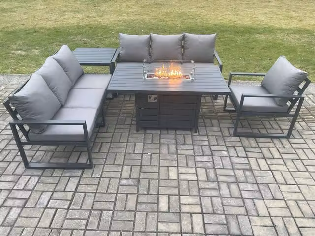 Fimous Aluminium Outdoor Lounge Sofa Garden Furniture Set with Gas Fire Pit Dining Table and Side Table in Dark Grey
