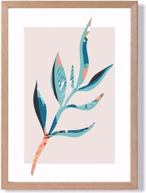 ARTZE Papyrus Leaf Blue and Pink Boho Botanical Framed Print with Oak Frame
