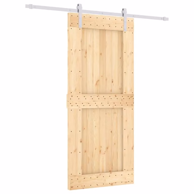 Berkfield Home Rustic Solid Pine Wood Sliding Door with Hardware Set in Brown, W: 90 cm, H: 210 cm
