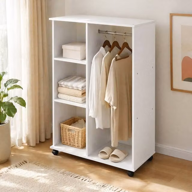 STILVORA Open Wardrobe with Shelves and Wheels, White