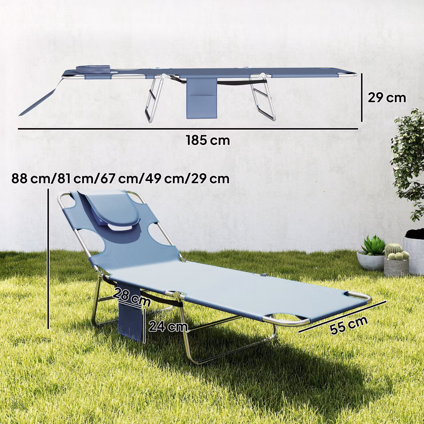 Outsunny Grey Beach Chaise Lounge with Face Hole and Arm Slots, 5-Position Reclining Portable Sun Lounger – 3