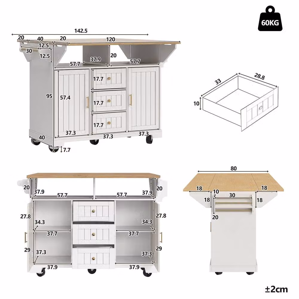 Rolipo Extendable Kitchen Island Trolley with Storage and Casters in White – 2