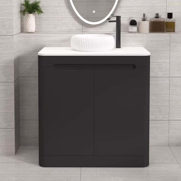 Royal Bathrooms Venice 800mm Matt Nocturne Black Floor Standing 2 Door Vanity Unit with Plain White Worktop and Milan Basin